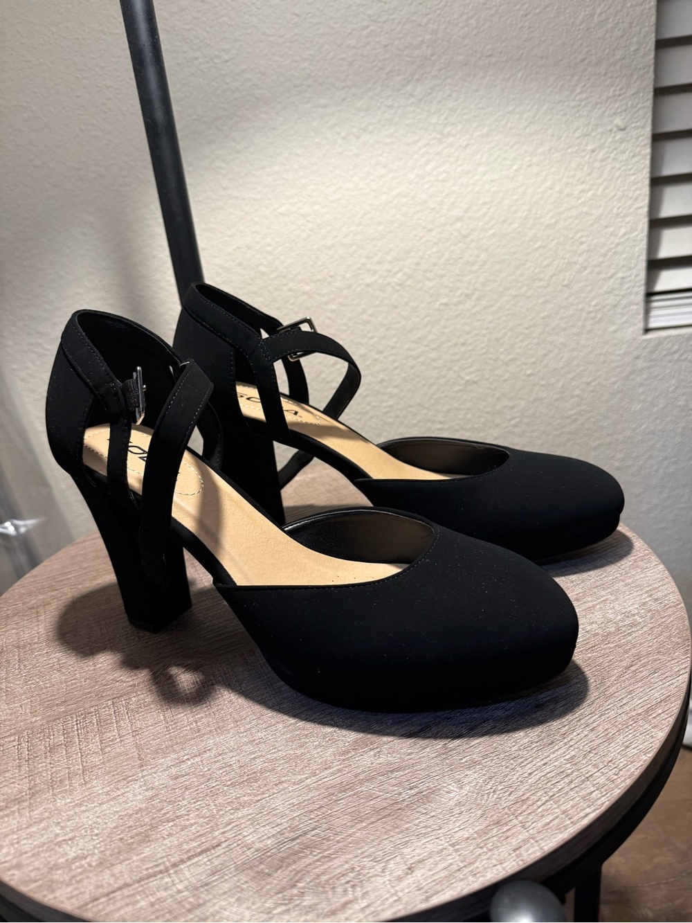 Soda Black Cross-Strap Block Heel Pumps